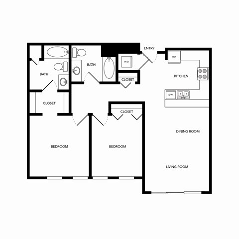 Floor plan for 2 beds, 2 baths, 1015 sqft